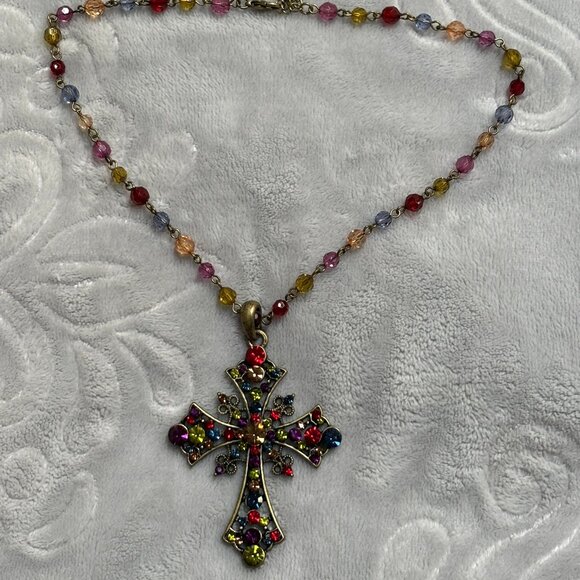 Jewelry - Vintage Multi Color Crystal stud On Brass Tone Cross pendant Necklace